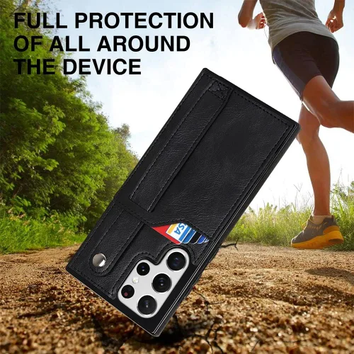 Vista 5 de Funda para teléfono Samsung Galaxy S22 Ultra 5G con protector de pantalla, correa de muñeca ajustable, atril, ranura para tarjetas de crédito