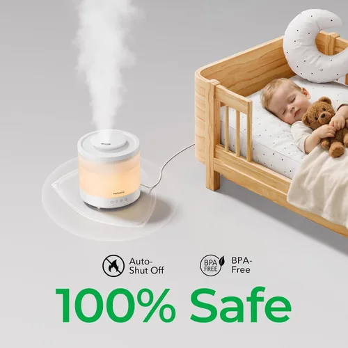 Vista 5 de Homvana Humidificadores pequeños para recámara - 2 paquetes de 1.5L Humidificador de niebla fría con relleno superior para guardería de bebé