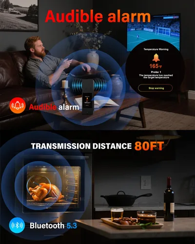 Vista 4 de Termómetro inalámbrico para carne con Bluetooth y aplicación, pantalla táctil, alarma audible, 2 sondas, alcance de 800 pies y base recargable