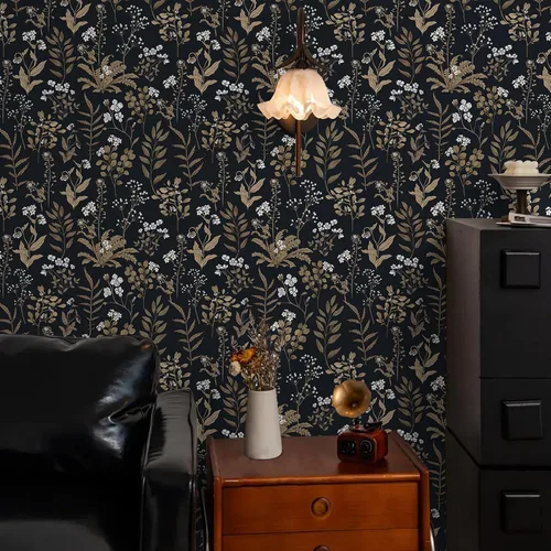 Vista 7 de Abyssaly Papel Tapiz Negro y Dorado Papel Tapiz Floral Oscuro Despegar y Pegar Papel Tapiz Vintage de Hojas Papel de Contacto Removible Autoadhesivo