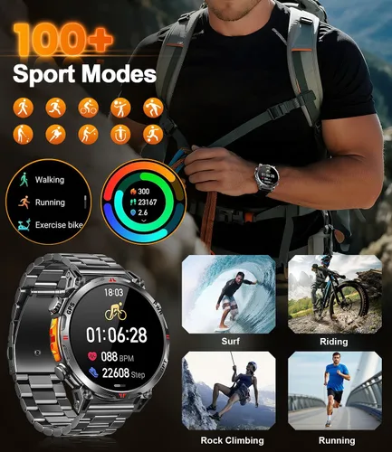 Vista 6 de Relojes inteligentes militares para hombres GPS, pantalla AMOLED de 1.56 pulgadas, llamada Bluetooth, reloj inteligente para teléfonos Android