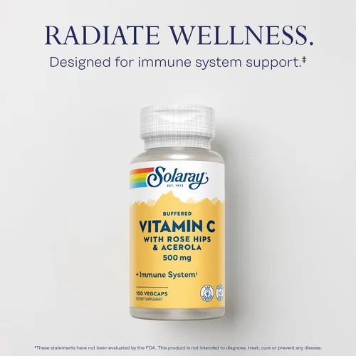 Vista 3 de SOLARAY Vitamina C tamponada de 500 mg - Plus Rose HIPS y Acerola - Suplemento de apoyo inmunológico - Vegano, verificado por laboratorio, garantía