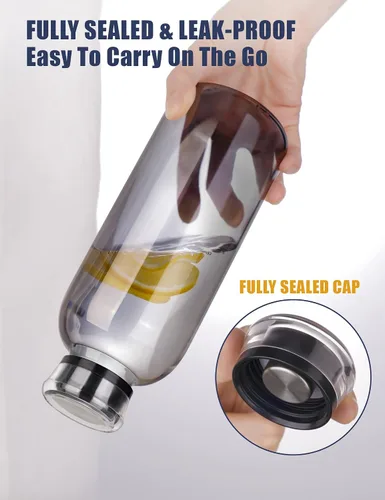 Vista 2 de NiHome Botella de agua de vidrio de 25 onzas / 25.4 fl oz con pajitas de metal, 2 tapas, gris ahumado High Borosilicate Glass Water Bottle with
