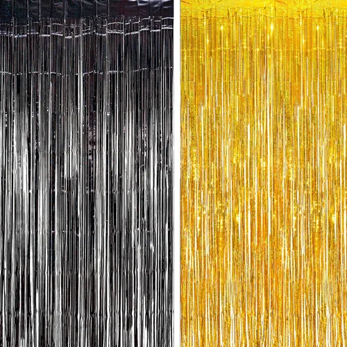 Vista 22 de Cortina de flecos de papel de aluminio para decoración de fiesta de Halloween, telón de fondo de fotos de oropel negro puro, cortinas de vapor