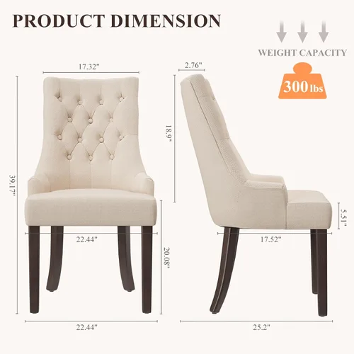 Vista 2 de COLAMY Wingback Tufted Dining Chairs Set of 2, Beige Upholstered Dining Room Chairs with Wood Legs, Kitchen Chairs for Home Kitchen