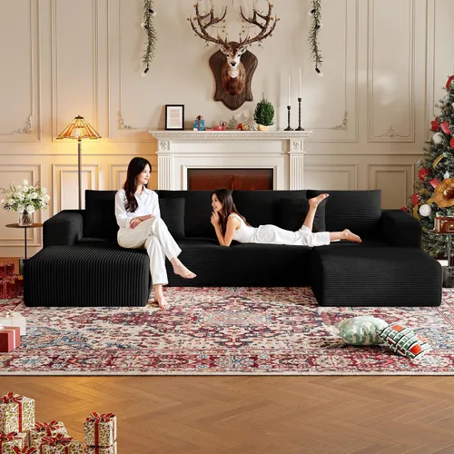 Vista 8 de Sofá modular sin hueso de 134.6 pulgadas para sala de estar, sofá modular de pana en forma de U con diván y almohadas, sofá seccional de 4 asientos