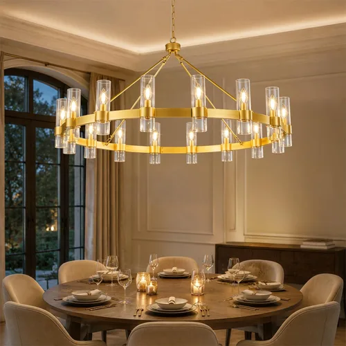 Vista 13 de Candelabros Lineales Dorados para Comedor, Candelabro Rectangular de 54" con Vidrio, Candelabros Modernos de 16 Luces Sobre Mesa, Candelabro