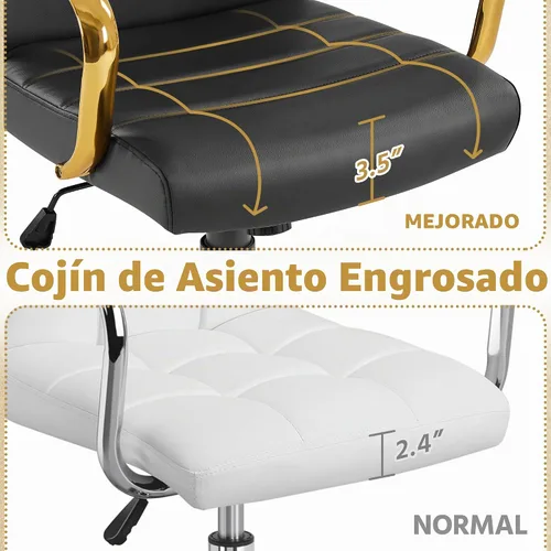 Vista 6 de Yaheetech Silla de Oficina de Respaldo Medio de Cuero PU Silla de Escritorio Ejecutiva Ajustable con Soporte Lumbar Patas Doradas Asiento Negro
