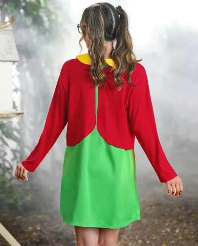 Vista 6 de Clarisbelle Disfraz de cosplay de Halloween para mujer, vestido verde con cárdigan rojo
