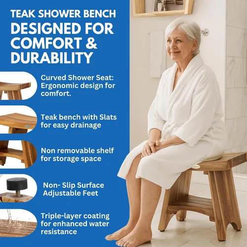 Vista 3 de EcoDecors Banco de ducha de teca con estante de 18", capacidad de 300 lb – Asiento de spa de madera impermeable completamente ensamblado