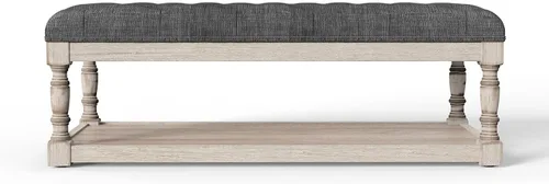 Vista 9 de Mesa de café estilo otomana, otomana grande rectangular con almacenamiento - Banco acolchado tapizado para sala de estar, tela de lino con botones