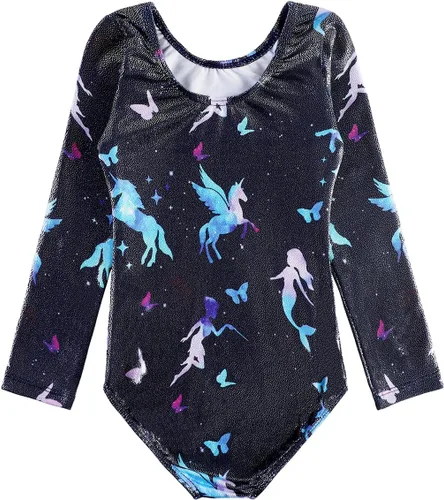 Vista 148 de HOZIY - Leotardos de manga larga para niñas, de gimnasia, para niños pequeños, trajes florales de unicornio, galaxia, arco iris, patrón de rayas