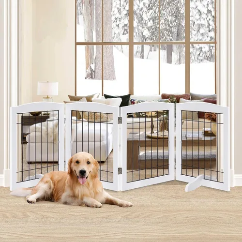 Vista 11 de LZRS Puerta plegable independiente de madera para perros de 2 paneles, madera maciza y alambre de acero, barrera para mascotas resistente a