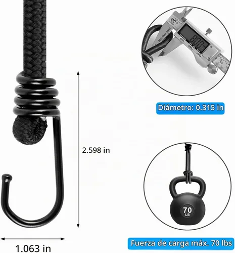 Vista 5 de Cuerda elástica pequeña de 12 pulgadas con ganchos, cuerdas elásticas negras resistentes al aire libre con ganchos para camping, lonas, tiendas