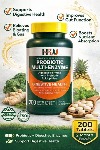 Vista 3 de H4U Fórmula probiótica de enzimas digestivas multienzimáticas con tabletas de Acidophilus para salud digestiva y apoyo intestinal, suplemento