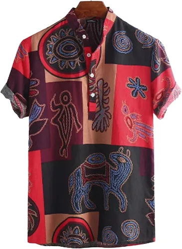 Vista 5 de Camisas de lino africano para hombre, estampado tradicional, manga corta, con botones, camisas hawaianas