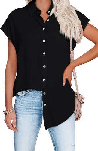 Vista 2 de Blusas de trabajo para mujer, manga casquillo, con botones, cuello en V, casual, para negocios, lisas, básicas, de verano