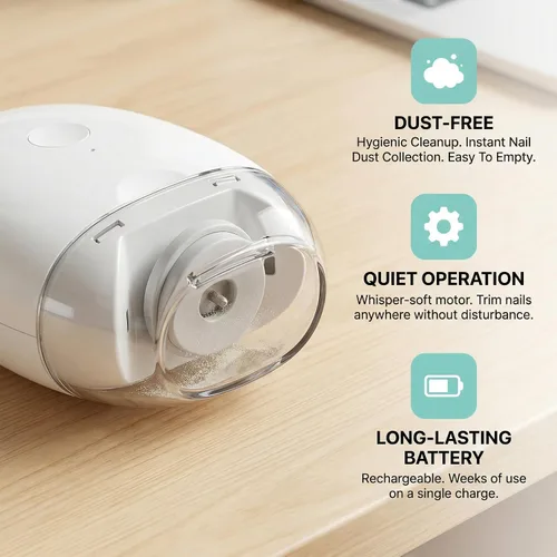 Vista 7 de Molinillo automático de uñas 3 en 1 y cortaúñas, con luz LED y 3 velocidades para recortar silenciosamente 360°, cuidado de uñas suave e indoloro