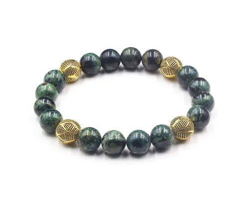 Vista 2 de Dark Green Jade and Gold Beads Bracelet, Jade Bracelet, Men's Jade Bracelet