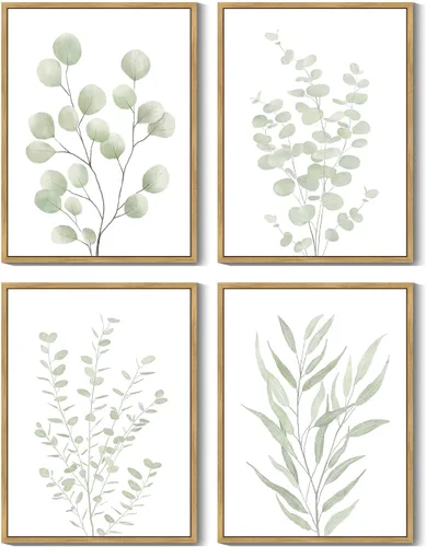 Vista 10 de KUVIOKE Arte botánico enmarcado bohemio para pared de plantas de baño, decoración de pared, impresiones de hojas de eucalipto verde salvia, estética