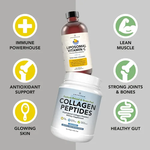 Vista 2 de AMANDEAN Paquete de péptidos liposomales de vitamina C y colágeno bovino de primera calidad. Potente antioxidante. Líquido Quali-C. Colágeno
