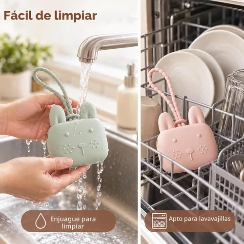 Vista 5 de ROCCED Funda de silicona para chupetes con diseño de conejito con correa de silicona suave, almacenamiento de viaje para cochecito y bolsa