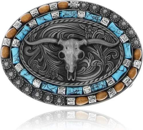 Vista 15 de RechicGu Hebilla de cinturón ovalada de calavera de toro de cuerno largo, cuentas de madera turquesa nativa americana, hebillas de vaquero