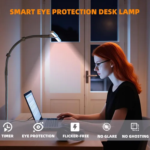 Vista 5 de Lámpara de escritorio para oficina en casa, luz de monitor de pantalla dual de 15 W con abrazadera, luz de computadora de cuello de cisne ajustable