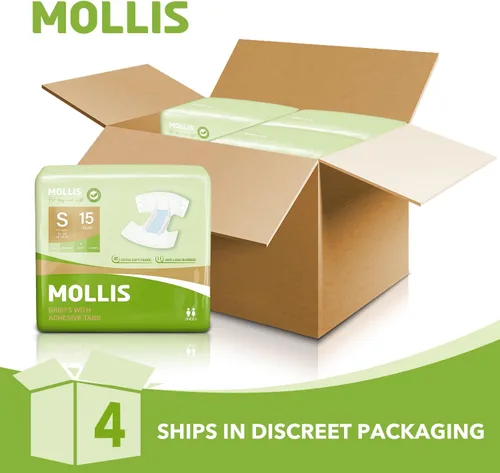 Vista 3 de MOLLIS Pañales para adultos para mujeres y hombres, calzoncillos desechables unisex para incontinencia con pestañas, control de olores, talla S, 15