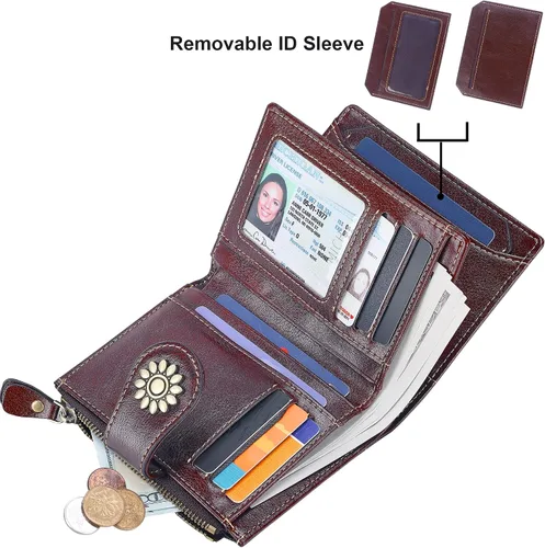 Vista 2 de Lavemi Cartera de cuero para mujer, pequeña, compacta, con bloqueo RFID, con bolsillo con cremallera