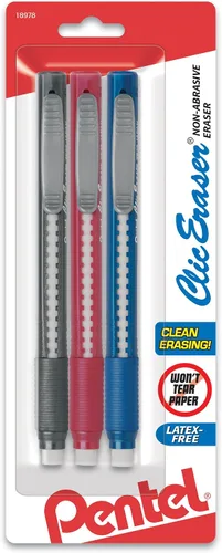 Vista 4 de Gomas de borrar de clic con mango estilo lápiz, surtidos, paquete de 3, Colores Variados Negro / azul