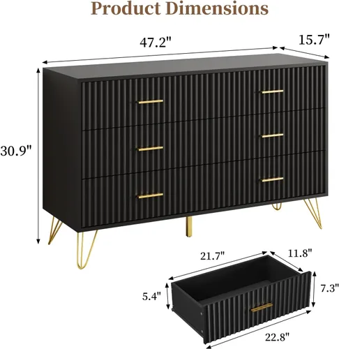 Vista 2 de JOZZBY Cómoda acanalada para dormitorio, cómoda negra de 6 cajones con asas doradas, cómodas de almacenamiento modernas y cómodas para pasillo