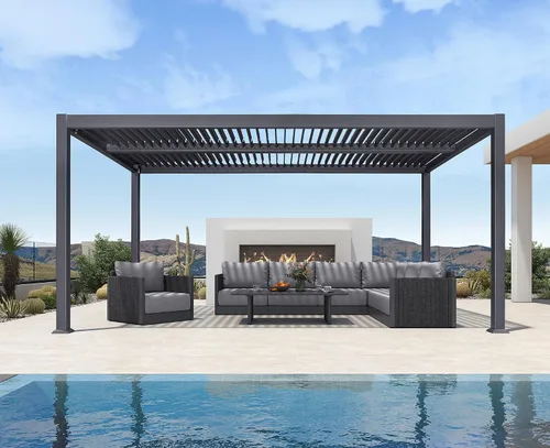 Vista 32 de Pérgola PURPLE LEAF con listones de 8 x 10 pies para exteriores con sistema de drenaje