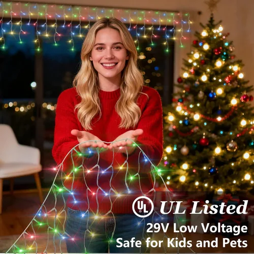 Vista 2 de 504 luces LED para dormitorio, luces de ventana de Navidad de 50 pies con 112 caídas, 12 modos, luces de cortina regulables, tira de luces