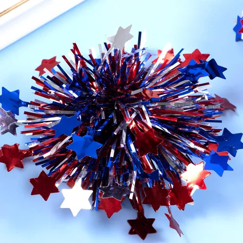 Vista 6 de Pinzas patrióticas para el 4 de julio para niñas y mujeres, con lazo metálico para animadora, con purpurina, rojo, blanco y azul, accesorios