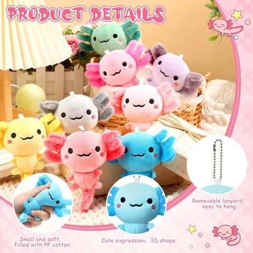 Vista 3 de Poen 8 piezas de llavero de ajolote de peluche de 4 pulgadas para niños, premios de fin de año escolar, videojuegos, recuerdo de fiesta, jardín