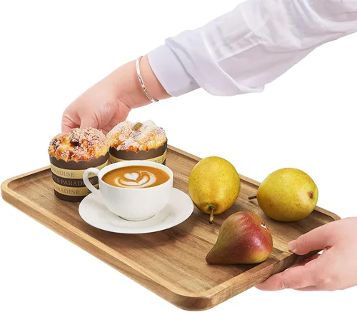 Vista 5 de YOUEON Juego de 2 bandejas de madera de acacia con borde elevado, bandeja rectangular de 14.2 x 9.5 pulgadas, plato de queso para aperitivo
