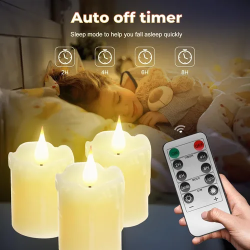 Vista 5 de 3 PZS Velas LED de Cera Real Recargables Sin Llama, Blanco Cálido, Control Remoto, D2 x H4", Brillo Ajustable Parpadeante Operadas con Batería Velas
