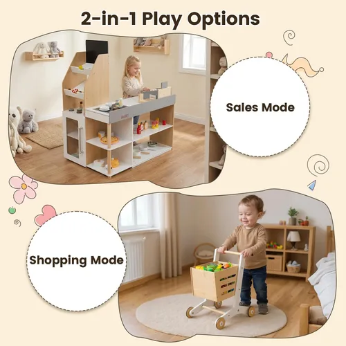Vista 4 de Costzon Juego de simulación para tienda de comestibles, tienda de juegos de madera, juego de supermercado para niños pequeños con caja registradora