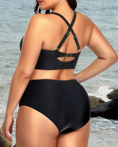 Vista 2 de Daci - Traje de baño de dos piezas para mujer, talla extragrande, cintura alta, fruncido, con cordones Negro