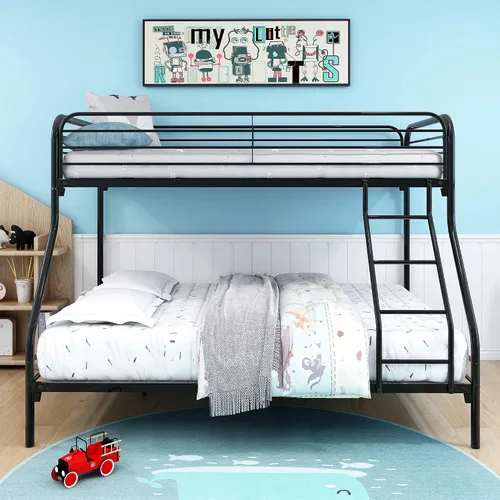 Vista 3 de EMKK Litera de metal con marco de metal y escalera para niños, adolescentes y adultos, diseño que ahorra espacio, color negro