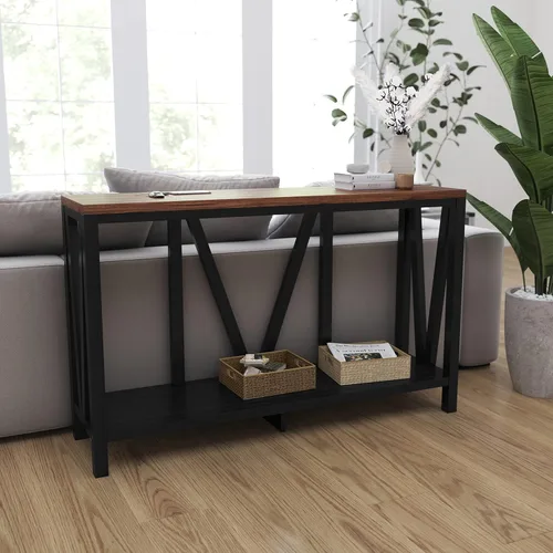 Vista 4 de Merrick Lane Erikson - Mesa de sofá - Diseño moderno de granja - Madera de ingeniería resistente a la deformación en negro - Parte superior de nogal