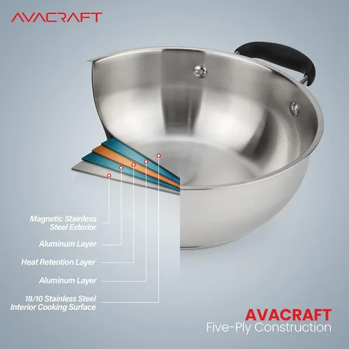 Vista 5 de AVACRAFT Sartén de Acero Inoxidable 18/10 para Uso Diario, Sartén Wok con Base de Cinco Capas, Sartén de Chef con Tapa de Vidrio, Sartén Multiusos