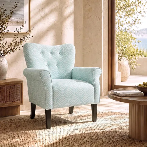 Vista 17 de BELLEZE Silla decorativa moderna, sillón de respaldo alto, silla lateral tapizada con respaldo alado, sofá individual acolchado con patas de madera