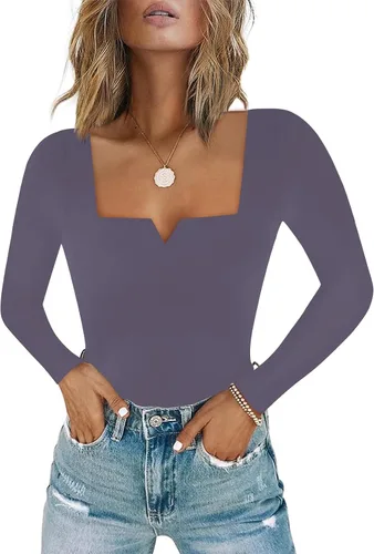 Vista 18 de Chunpin Body de manga larga para mujer, cuello cuadrado, muesca, cuello en V, traje de cuerpo de doble forro para salir, trajes de tanga Slim Fit