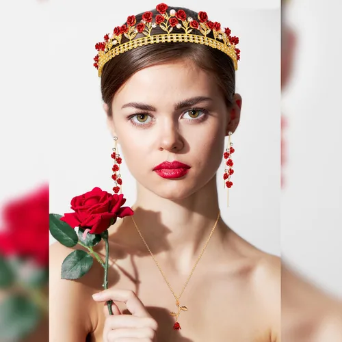 Vista 6 de Sureio Tiaras de rosas rojas para novia, coronas de reina, collares largos personalizados, aretes colgantes de flores de rosa, joyería de flores