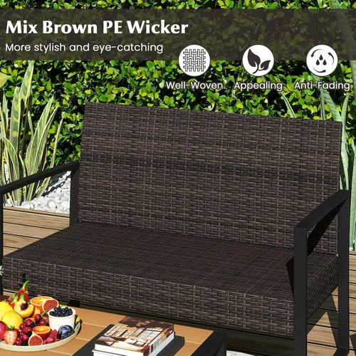 Vista 5 de Tangkula Juego de muebles de patio de 4 piezas, juego de conversación de ratán para exteriores con sillas acolchadas y mesa de centro de plástico