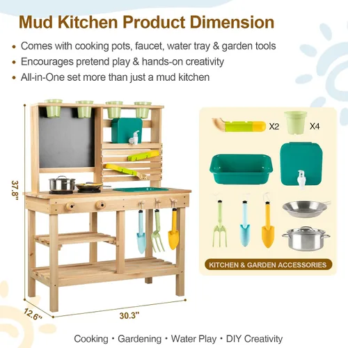 Vista 3 de Cocina de barro para niños al aire libre, juego de cocina de madera para niños pequeños con fregadero, utensilios de cocina, estufa, pizarra, grifo