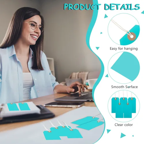 Vista 3 de 100 etiquetas de envío de Manila en blanco con inventario de alambre, etiqueta de papel azul para equipaje, etiqueta colgante verde con cuerda