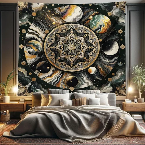 Vista 12 de Ambesonne Tapiz de hongos, atmósfera psicodélica, escena astral estrellada con motivos orientales trippy, decoración de tela para colgar en la pared